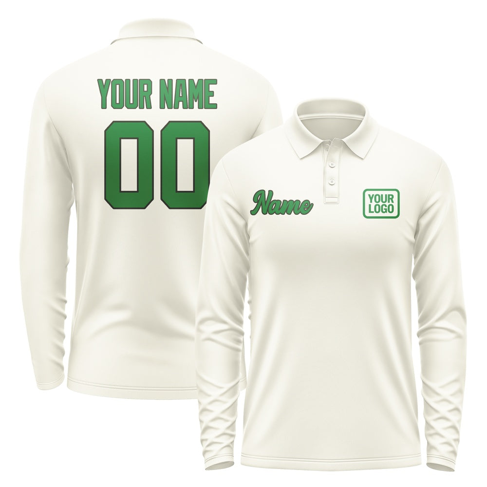 Custom Cream Emerald Green Long Sleeve Polo Shirt