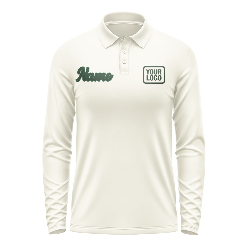 Custom Cream Dark Green Long Sleeve Polo Shirt
