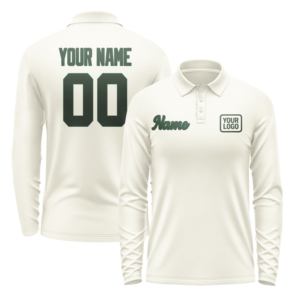 Custom Cream Dark Green Long Sleeve Polo Shirt