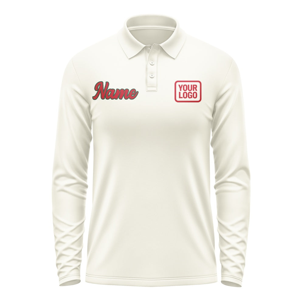 Custom Cream Red Long Sleeve Polo Shirt