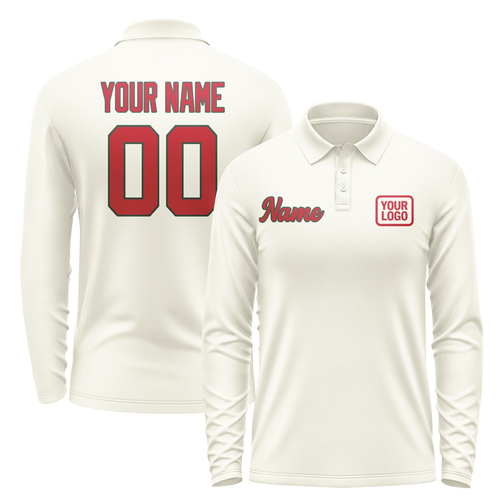 Custom Cream Red Long Sleeve Polo Shirt