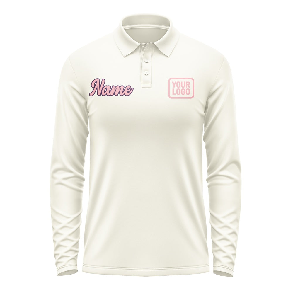 Custom Cream Light Pink Long Sleeve Polo Shirt