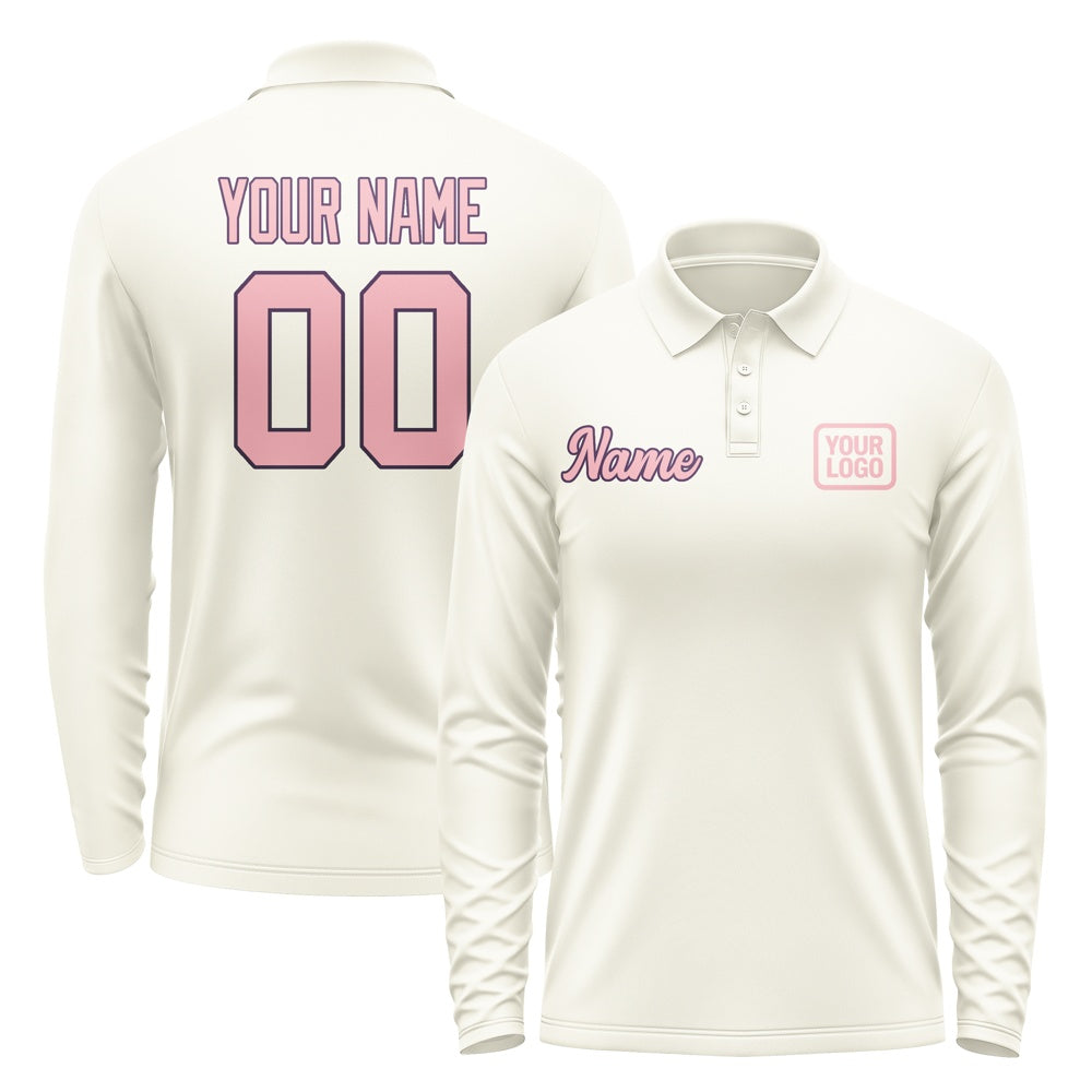 Custom Cream Light Pink Long Sleeve Polo Shirt