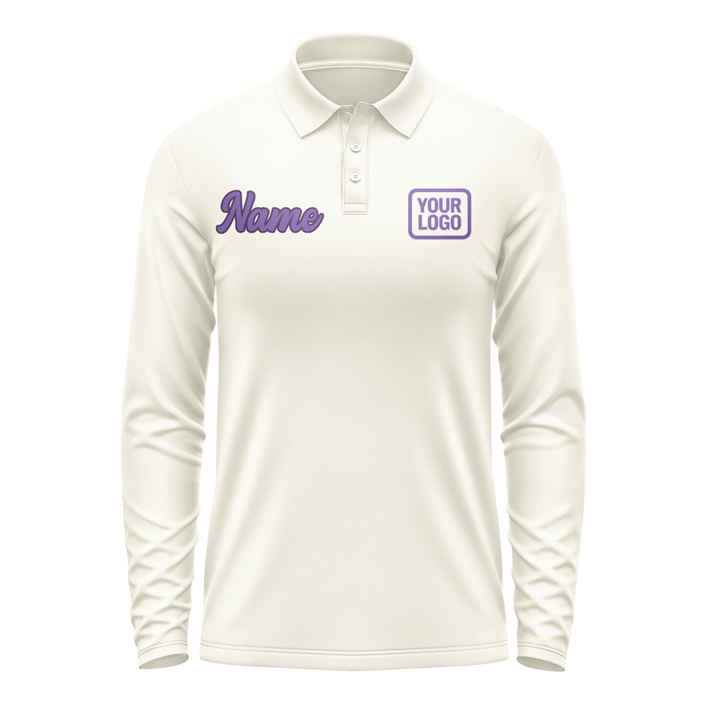 Custom Cream Light Purple Long Sleeve Polo Shirt