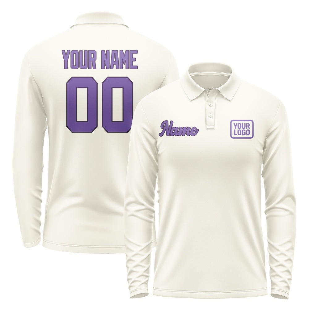Custom Cream Light Purple Long Sleeve Polo Shirt