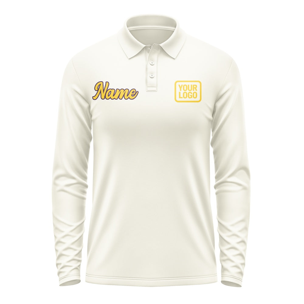 Custom Cream Gold Long Sleeve Polo Shirt