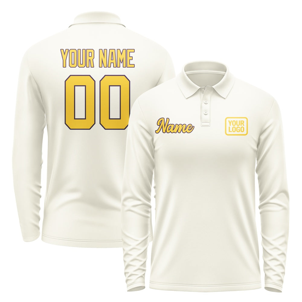 Custom Cream Gold Long Sleeve Polo Shirt