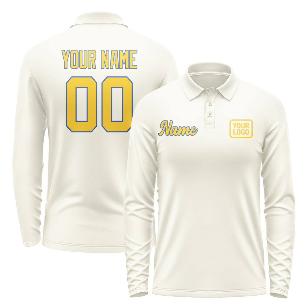 Custom Cream Gold Long Sleeve Polo Shirt