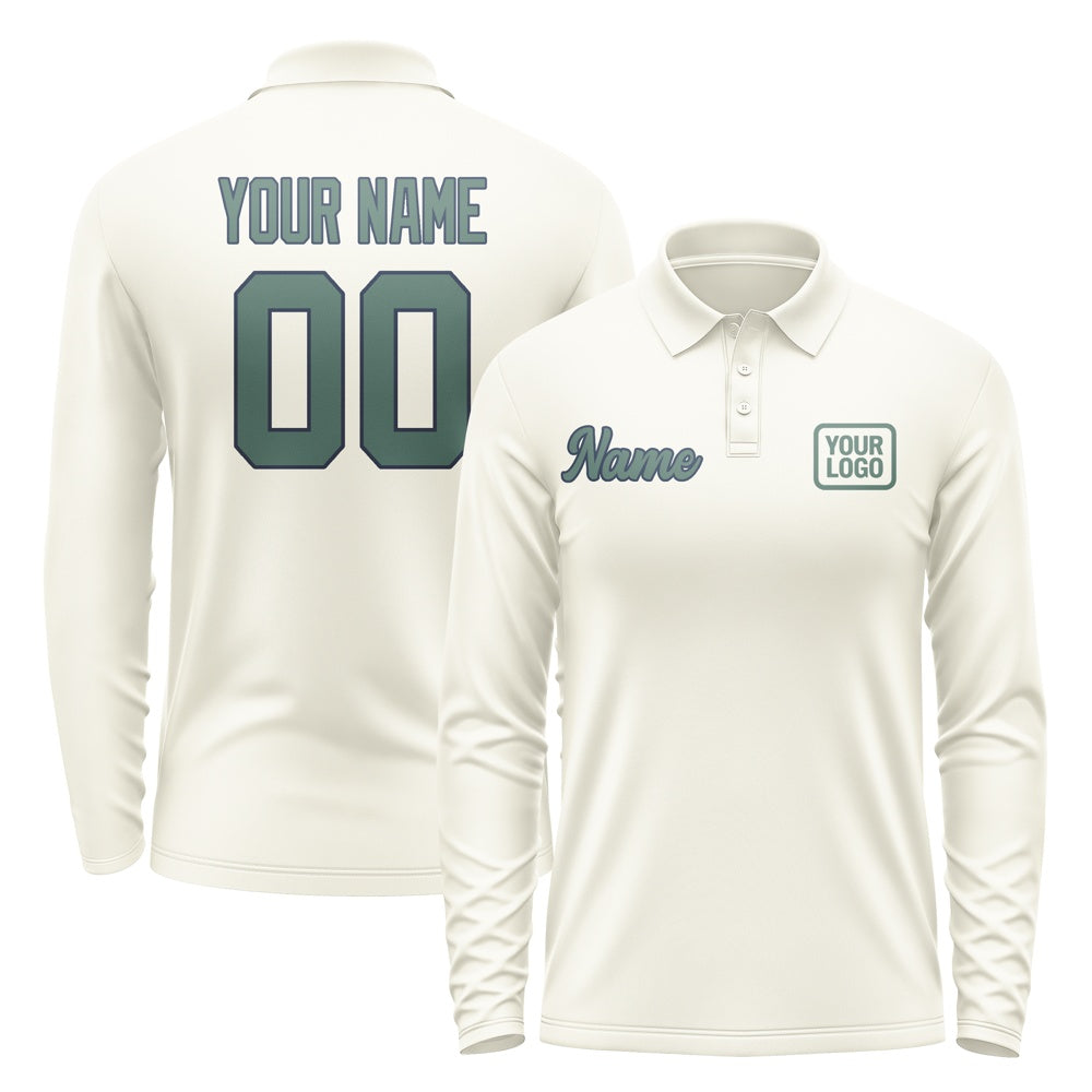 Custom Cream Blue Green Long Sleeve Polo Shirt