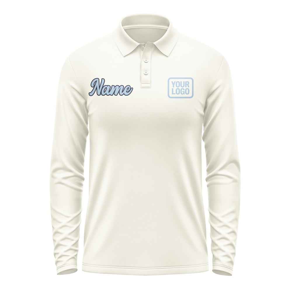 Custom Cream Light Blue Long Sleeve Polo Shirt