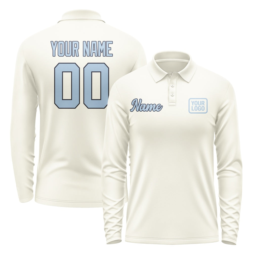Custom Cream Light Blue Long Sleeve Polo Shirt