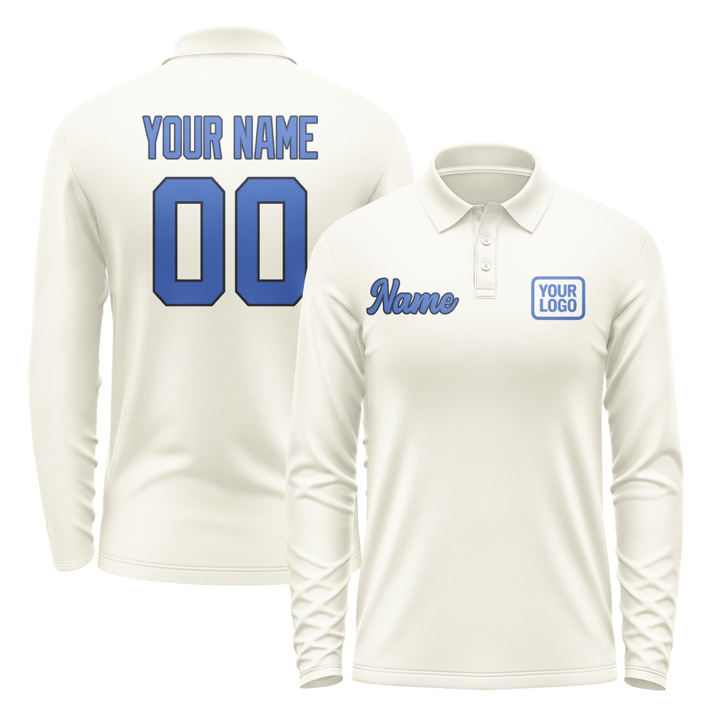 Custom Cream Sky Blue Long Sleeve Polo Shirt