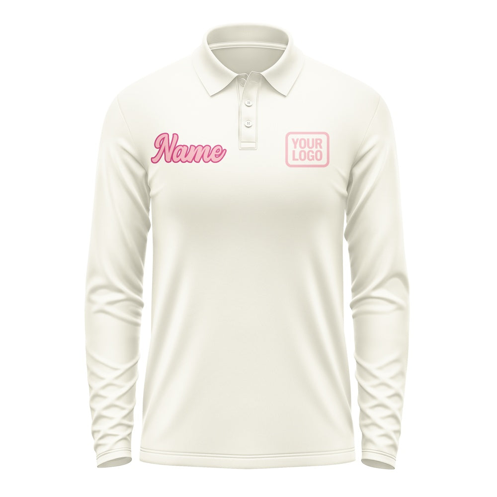 Custom Cream Light Pink Long Sleeve Polo Shirt