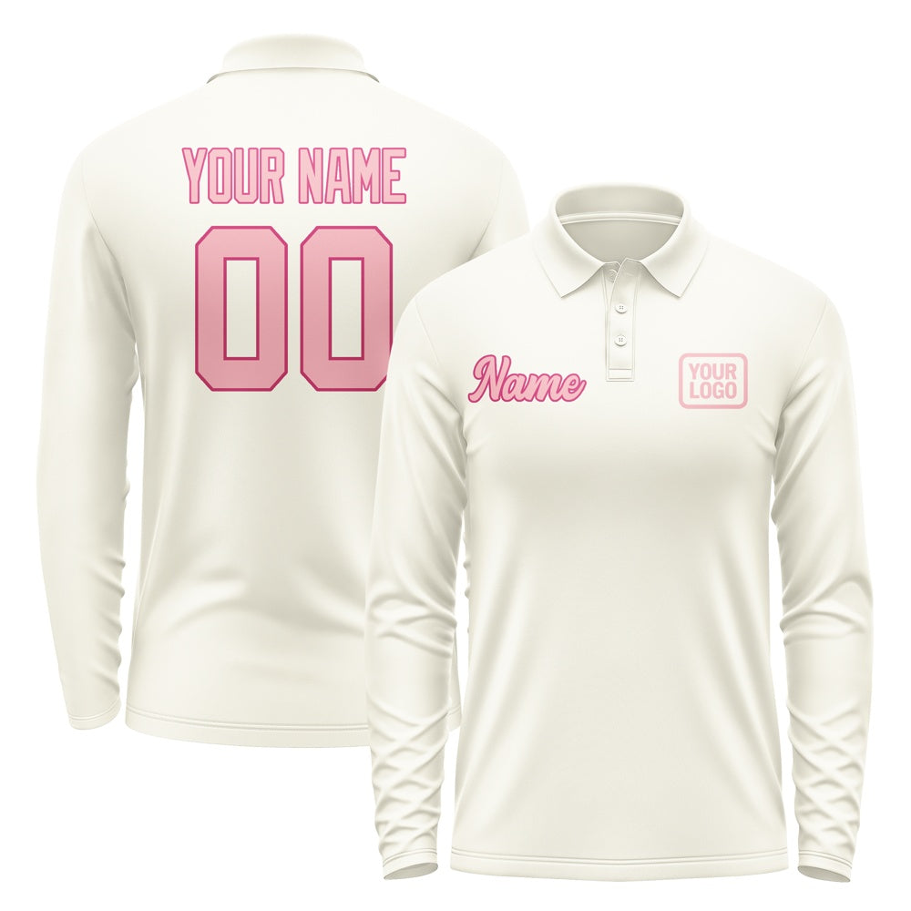 Custom Cream Light Pink Long Sleeve Polo Shirt