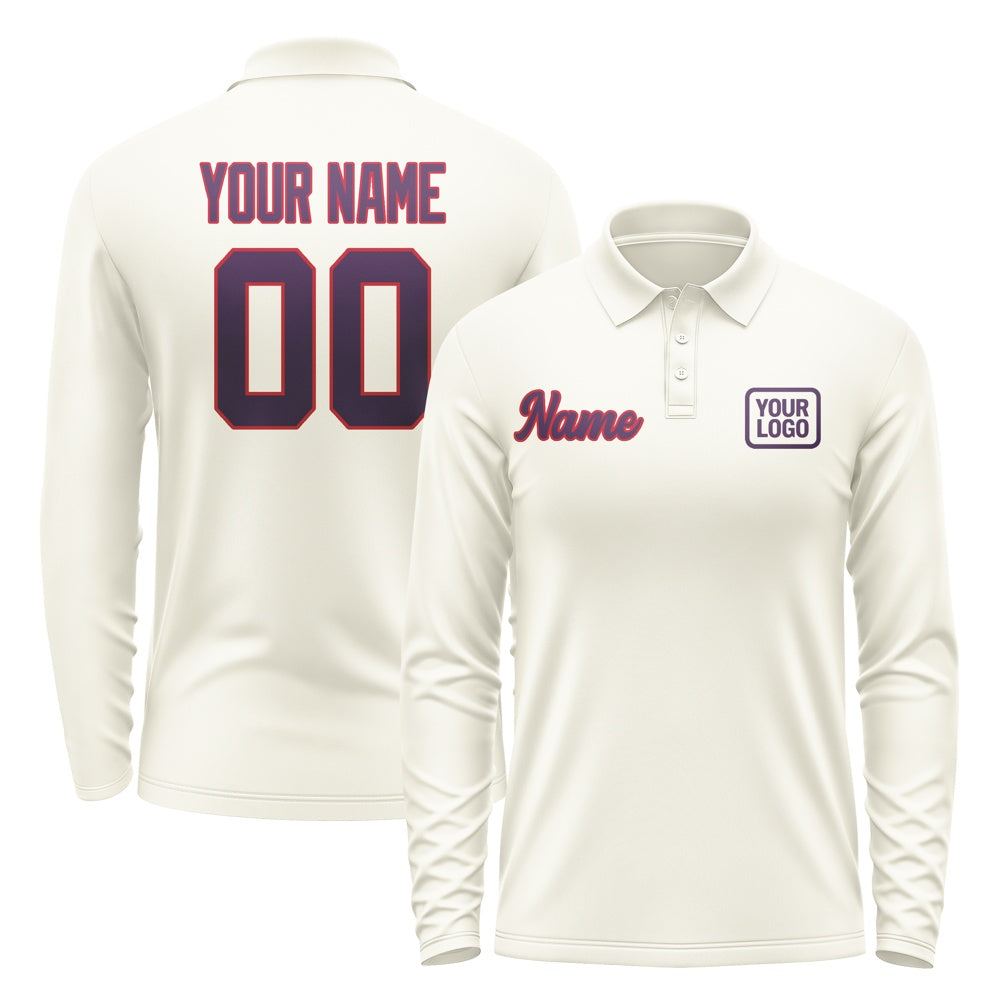 Custom Cream Purple Long Sleeve Polo Shirt