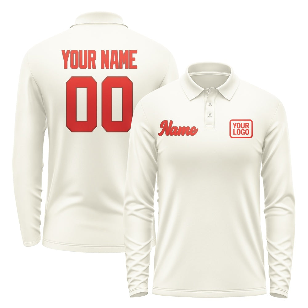 Custom Cream Orange Red Long Sleeve Polo Shirt