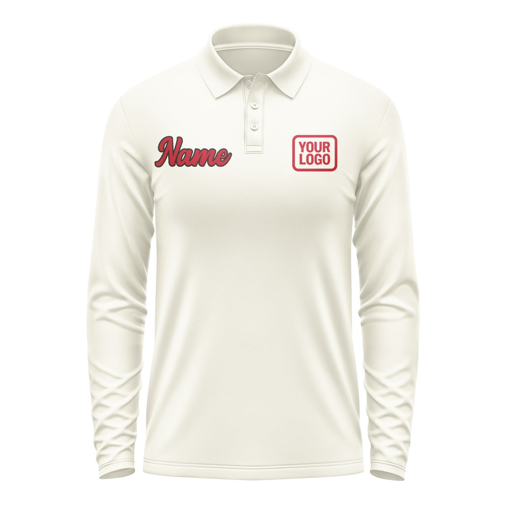 Custom Cream Red Long Sleeve Polo Shirt