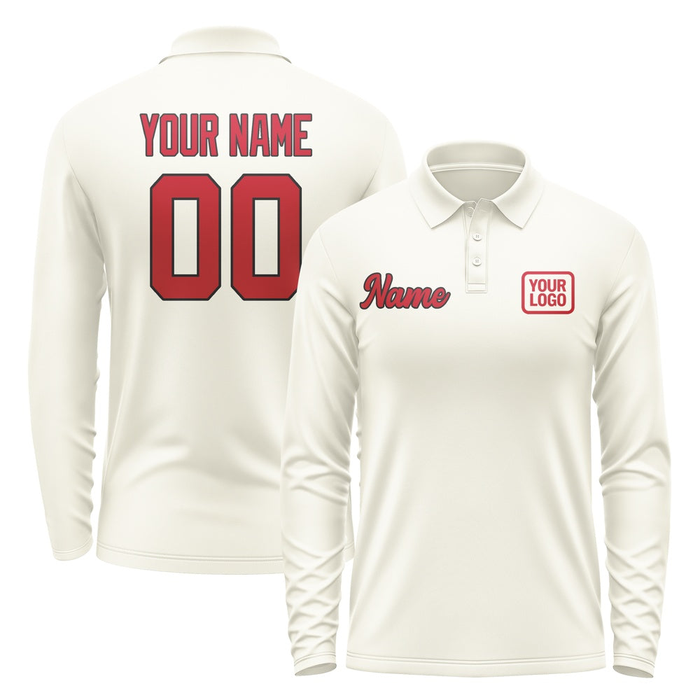 Custom Cream Red Long Sleeve Polo Shirt