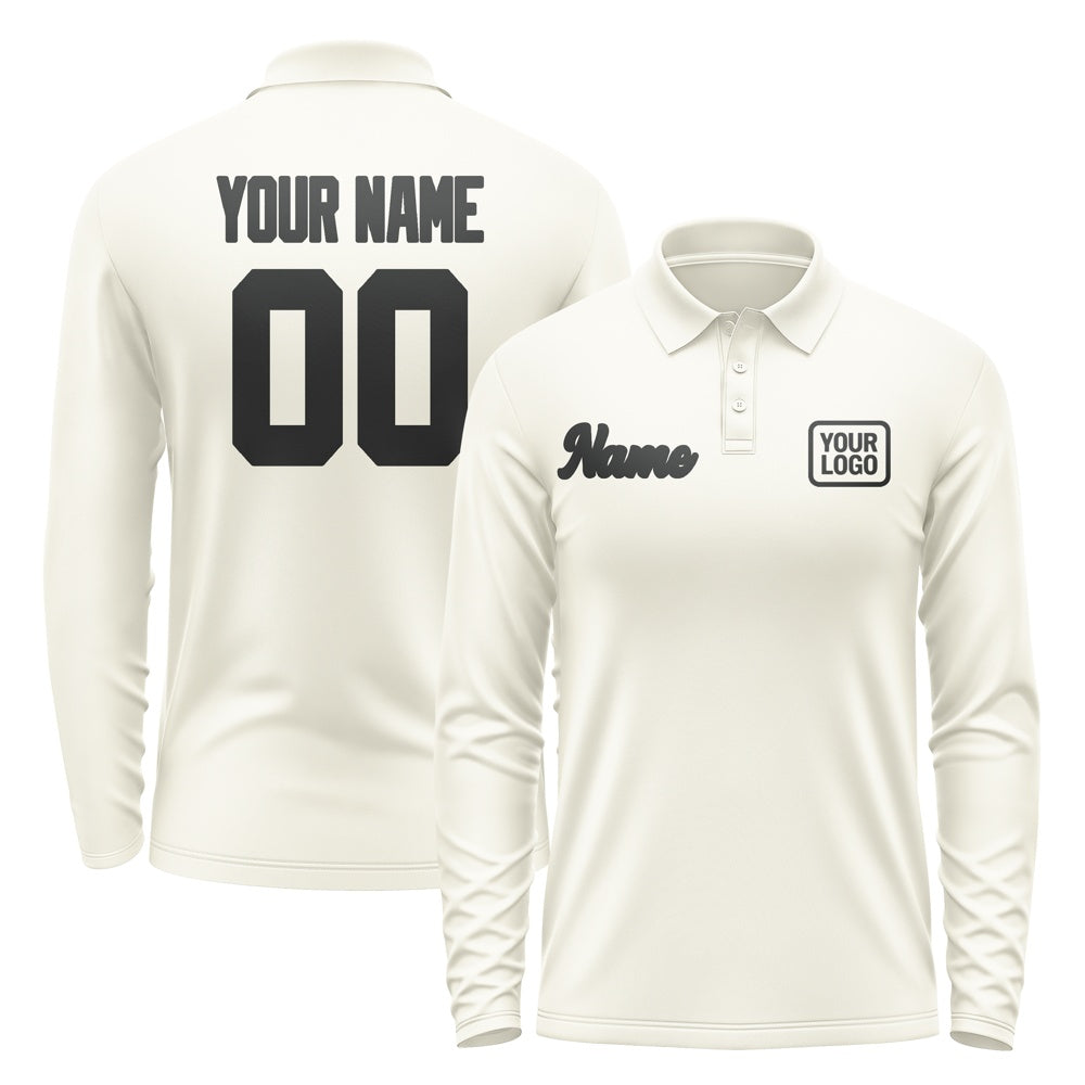 Custom Cream Black Long Sleeve Polo Shirt