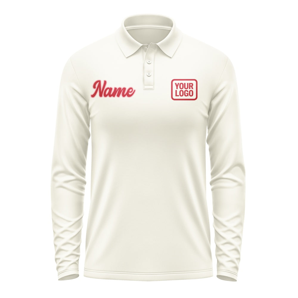 Custom Cream Red Long Sleeve Polo Shirt
