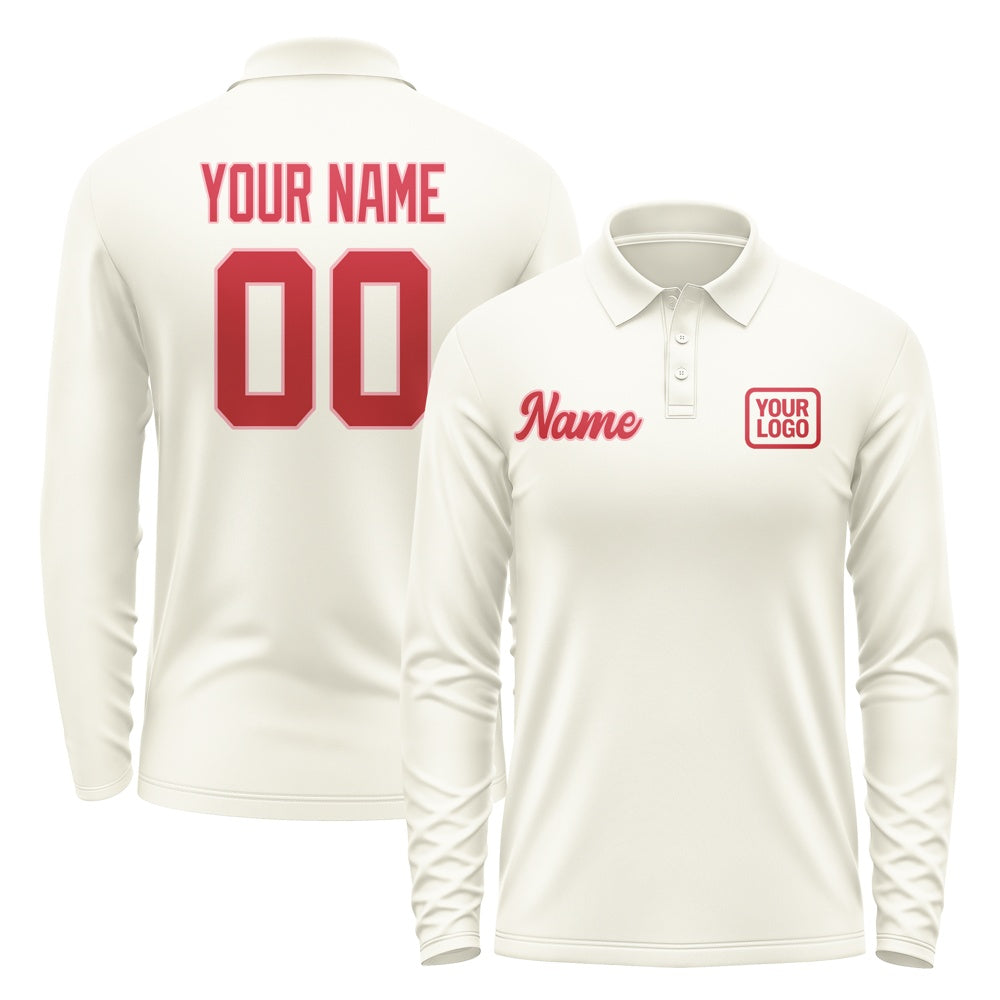 Custom Cream Red Long Sleeve Polo Shirt