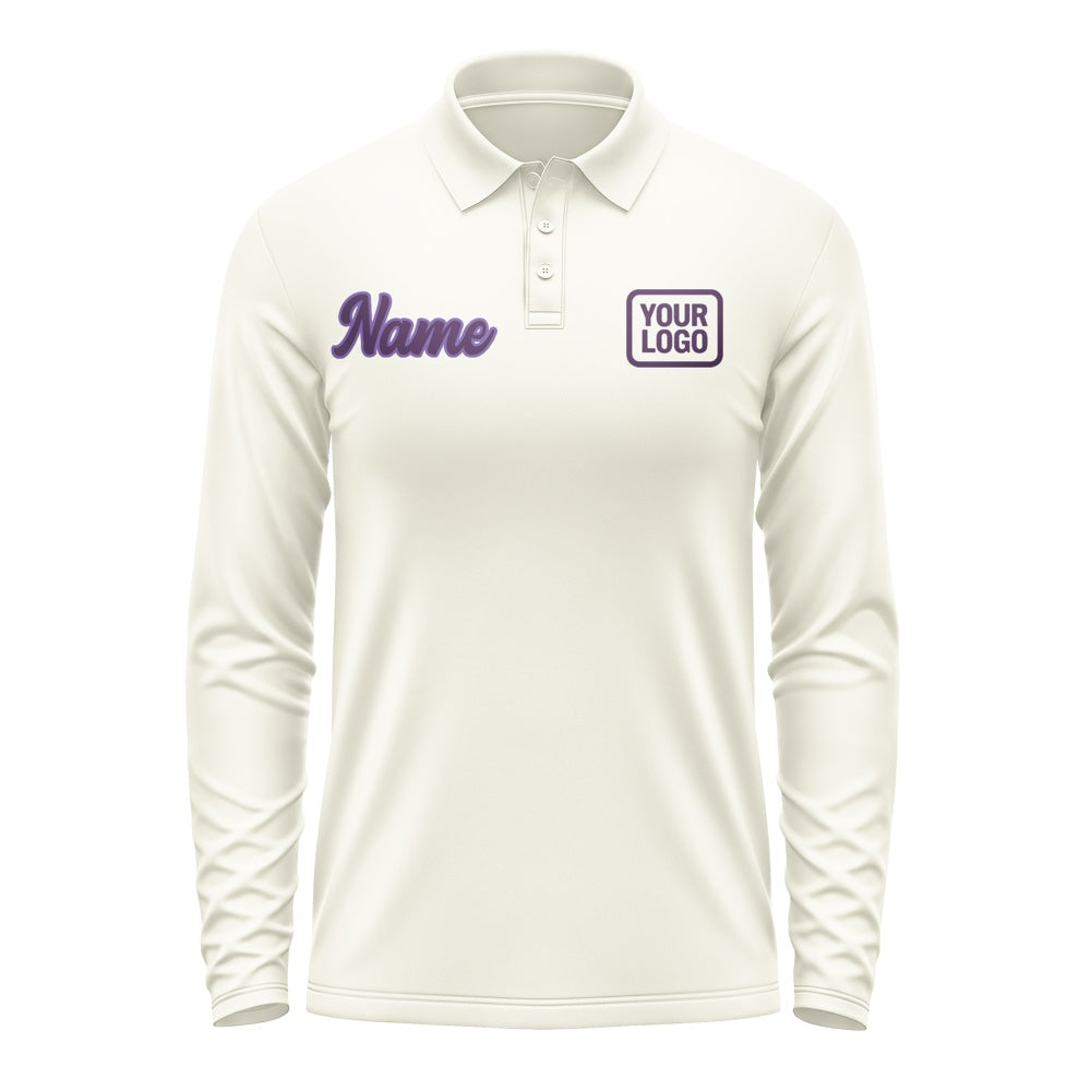 Custom Cream Purple Long Sleeve Polo Shirt
