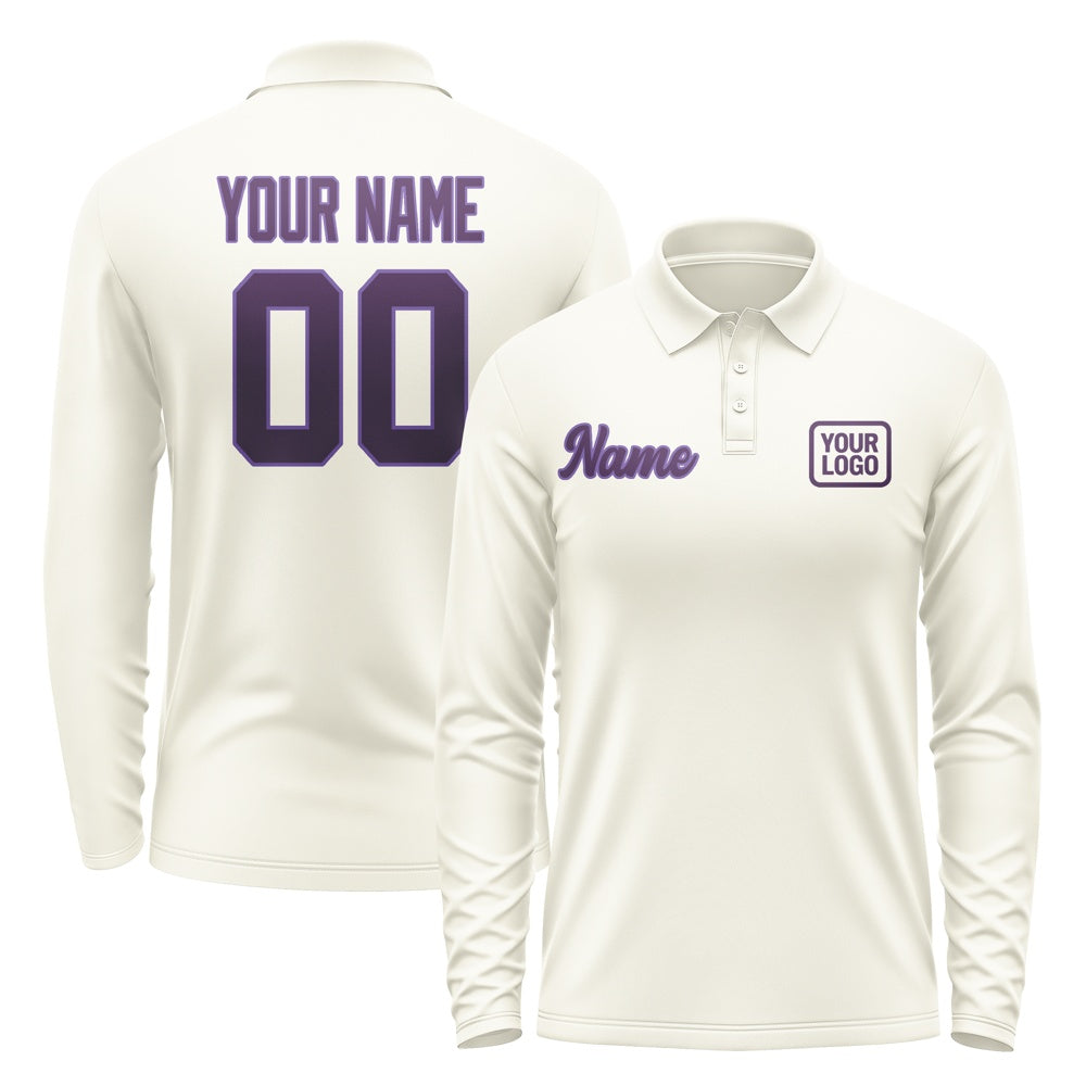 Custom Cream Purple Long Sleeve Polo Shirt