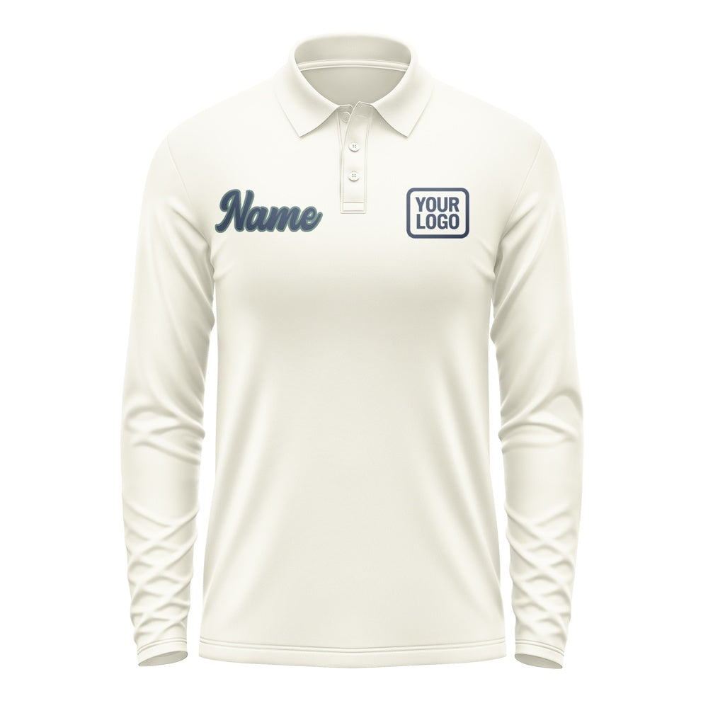 Custom Cream Blue Long Sleeve Polo Shirt