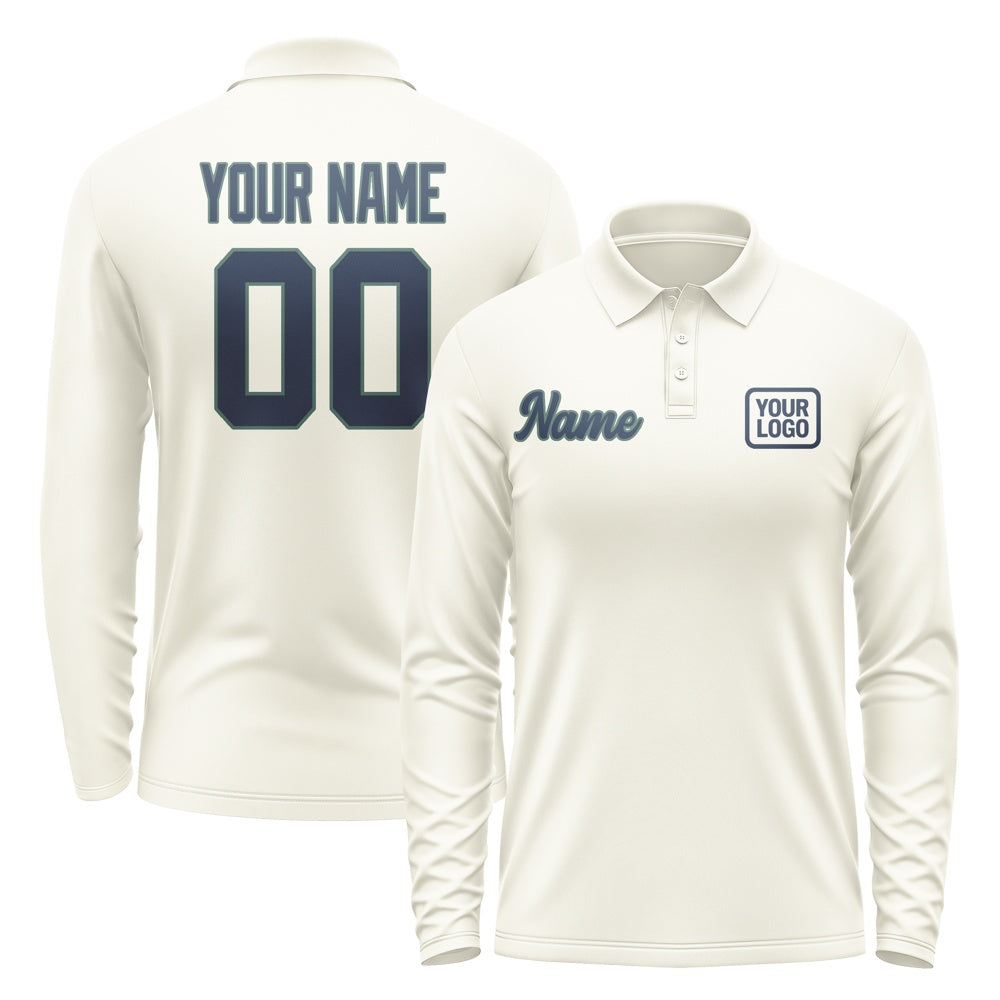 Custom Cream Blue Long Sleeve Polo Shirt