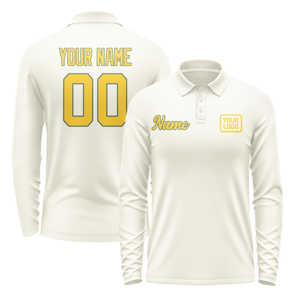 Custom Cream Gold Long Sleeve Polo Shirt