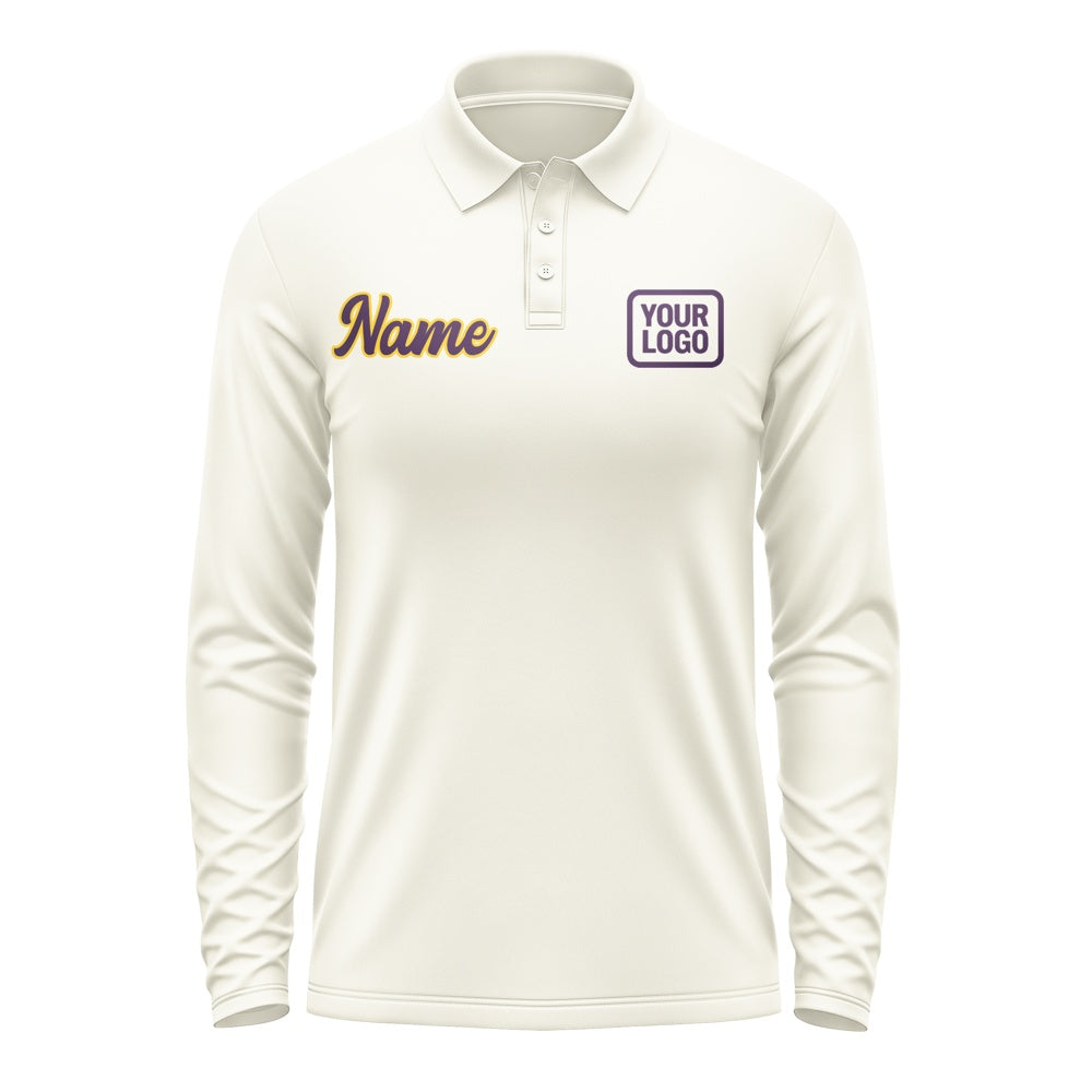 Custom Cream Purple Long Sleeve Polo Shirt