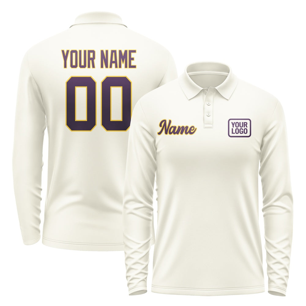 Custom Cream Purple Long Sleeve Polo Shirt