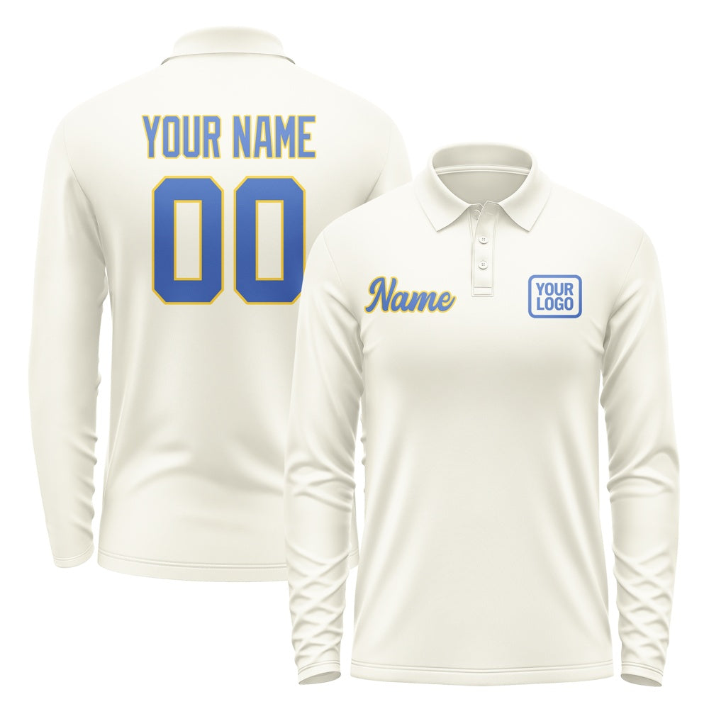 Custom Cream Sky Blue Long Sleeve Polo Shirt