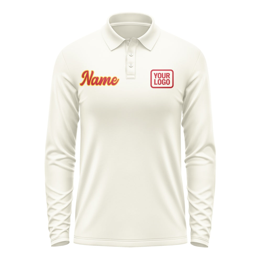 Custom Cream Red Long Sleeve Polo Shirt
