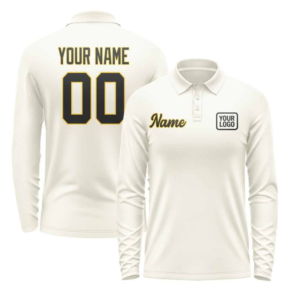Custom Cream Black Long Sleeve Polo Shirt