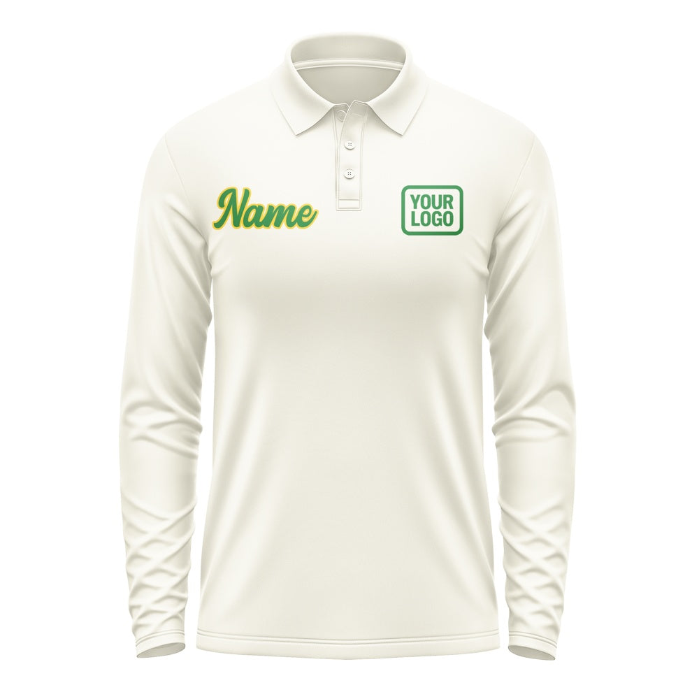Custom Cream Emerald Green Long Sleeve Polo Shirt
