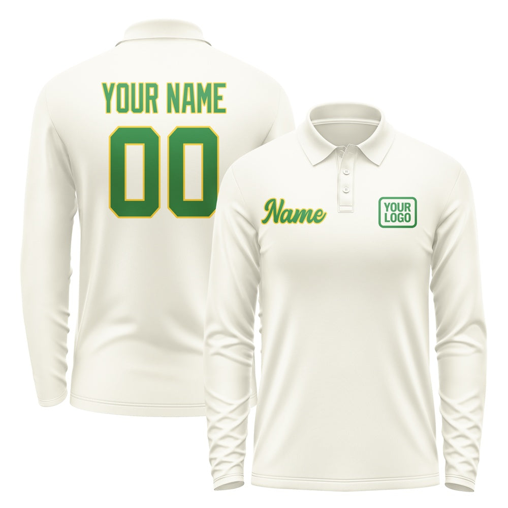 Custom Cream Emerald Green Long Sleeve Polo Shirt