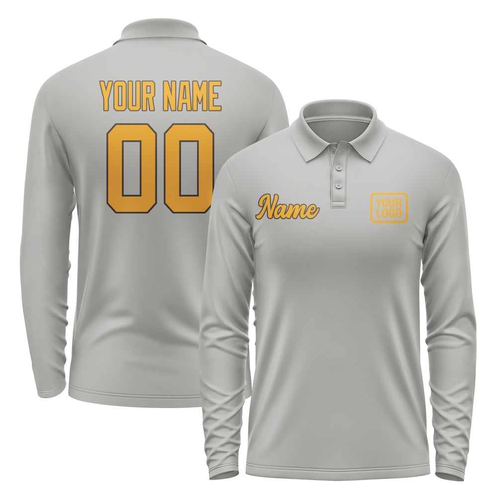 Custom Gray Yellow Long Sleeve Polo Shirt