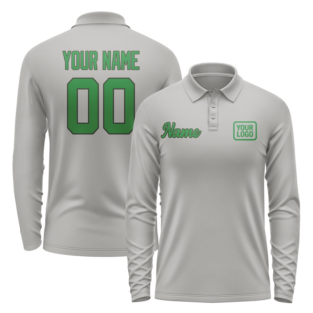 Custom Gray Emerald Green Long Sleeve Polo Shirt
