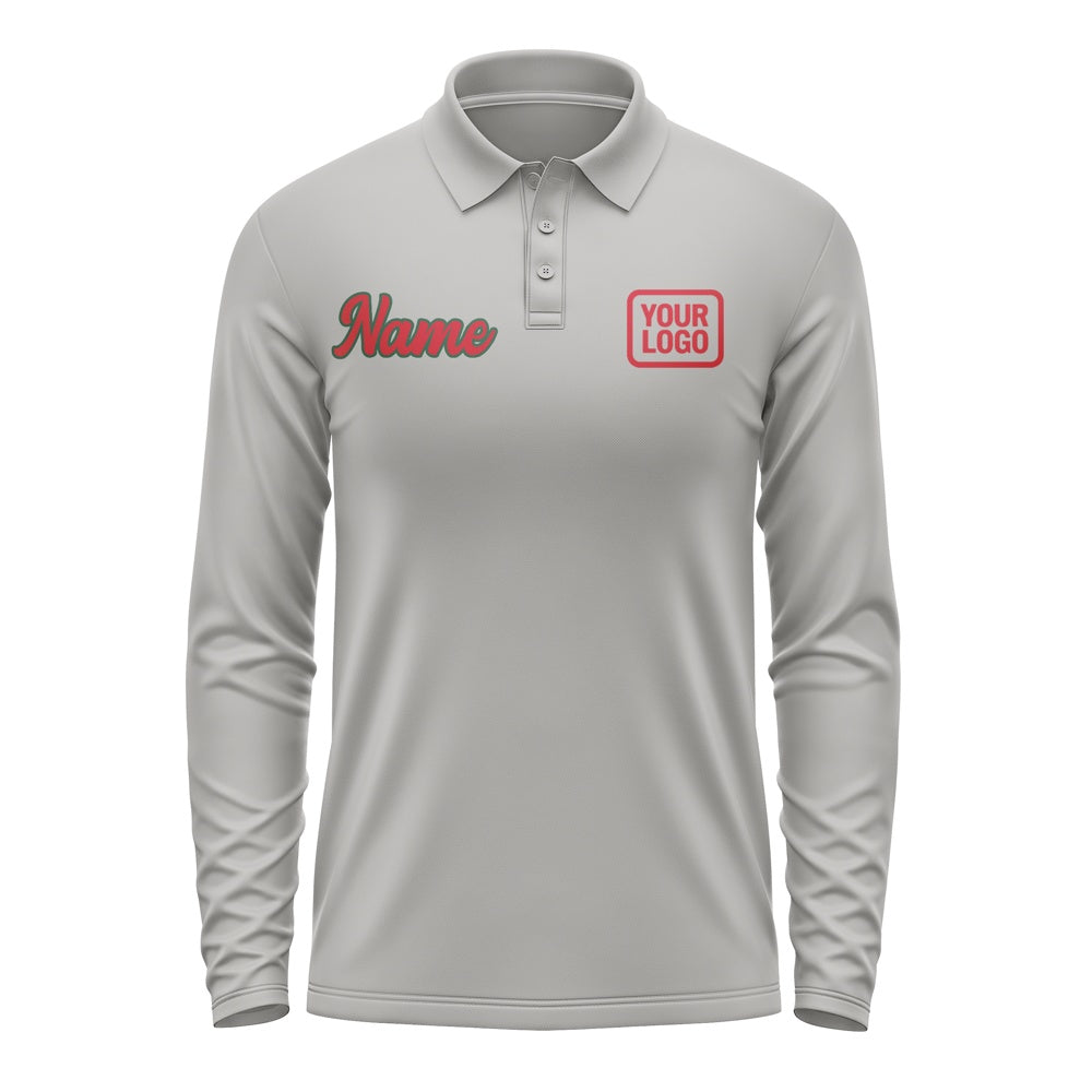 Custom Gray Red Long Sleeve Polo Shirt