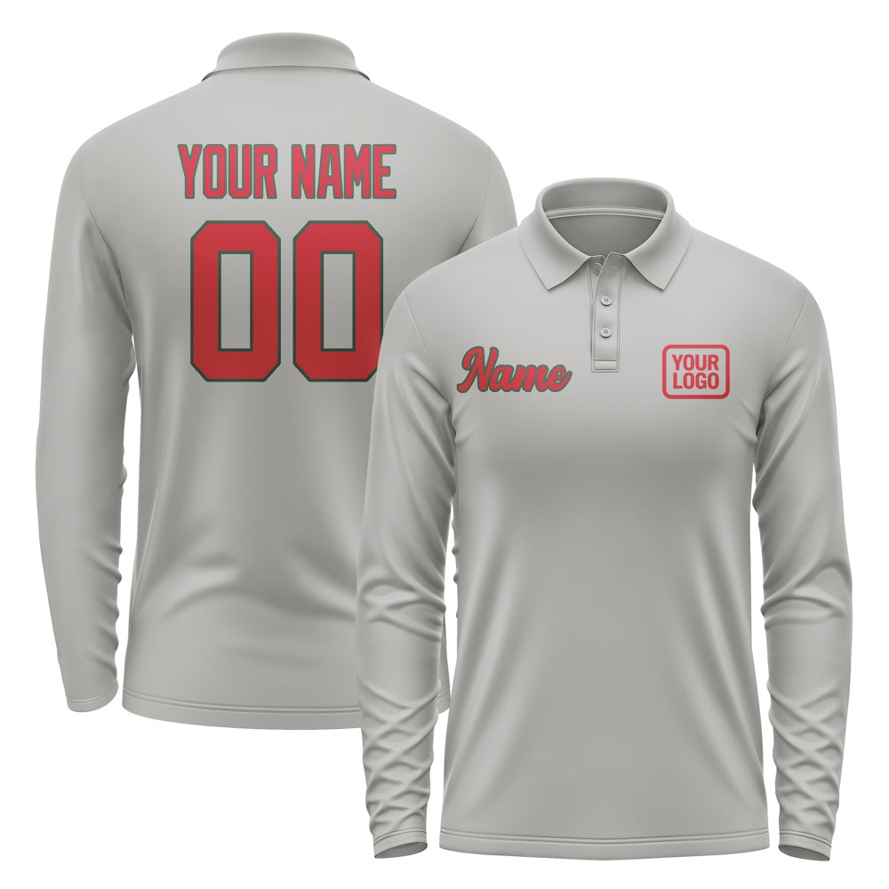 Custom Gray Red Long Sleeve Polo Shirt