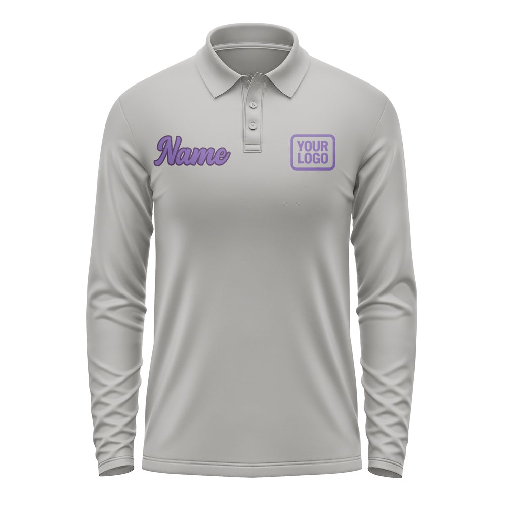 Custom Gray Light Purple Long Sleeve Polo Shirt