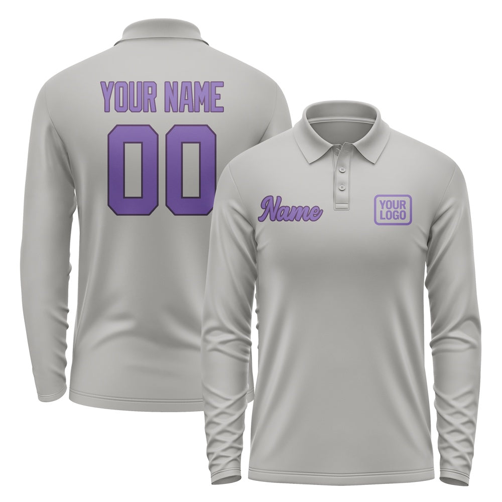 Custom Gray Light Purple Long Sleeve Polo Shirt
