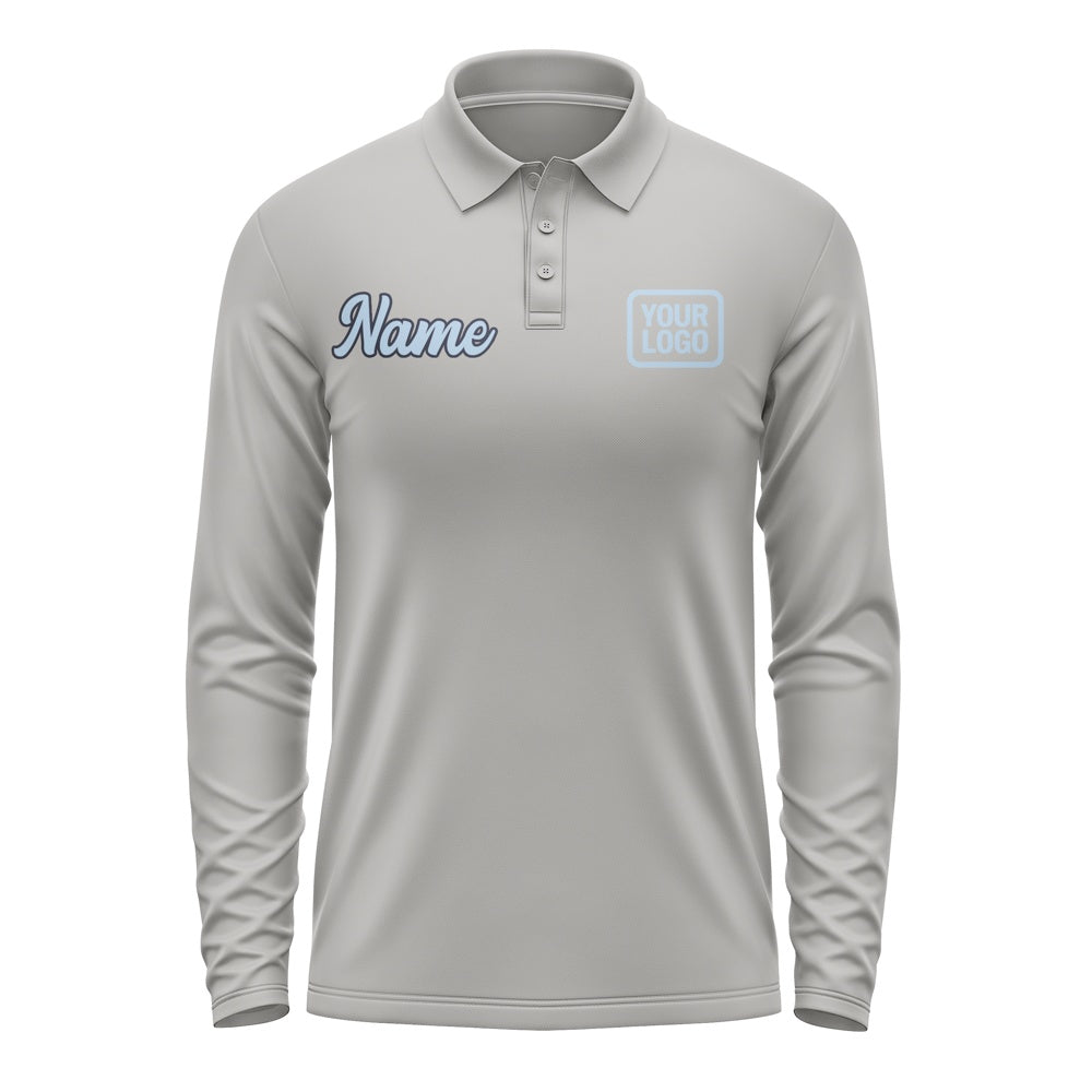 Custom Gray Light Blue Long Sleeve Polo Shirt
