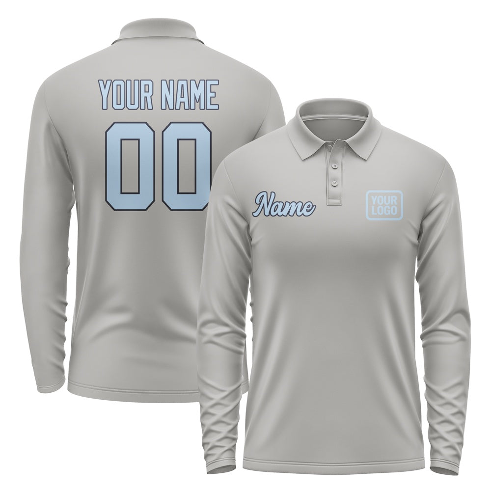 Custom Gray Light Blue Long Sleeve Polo Shirt