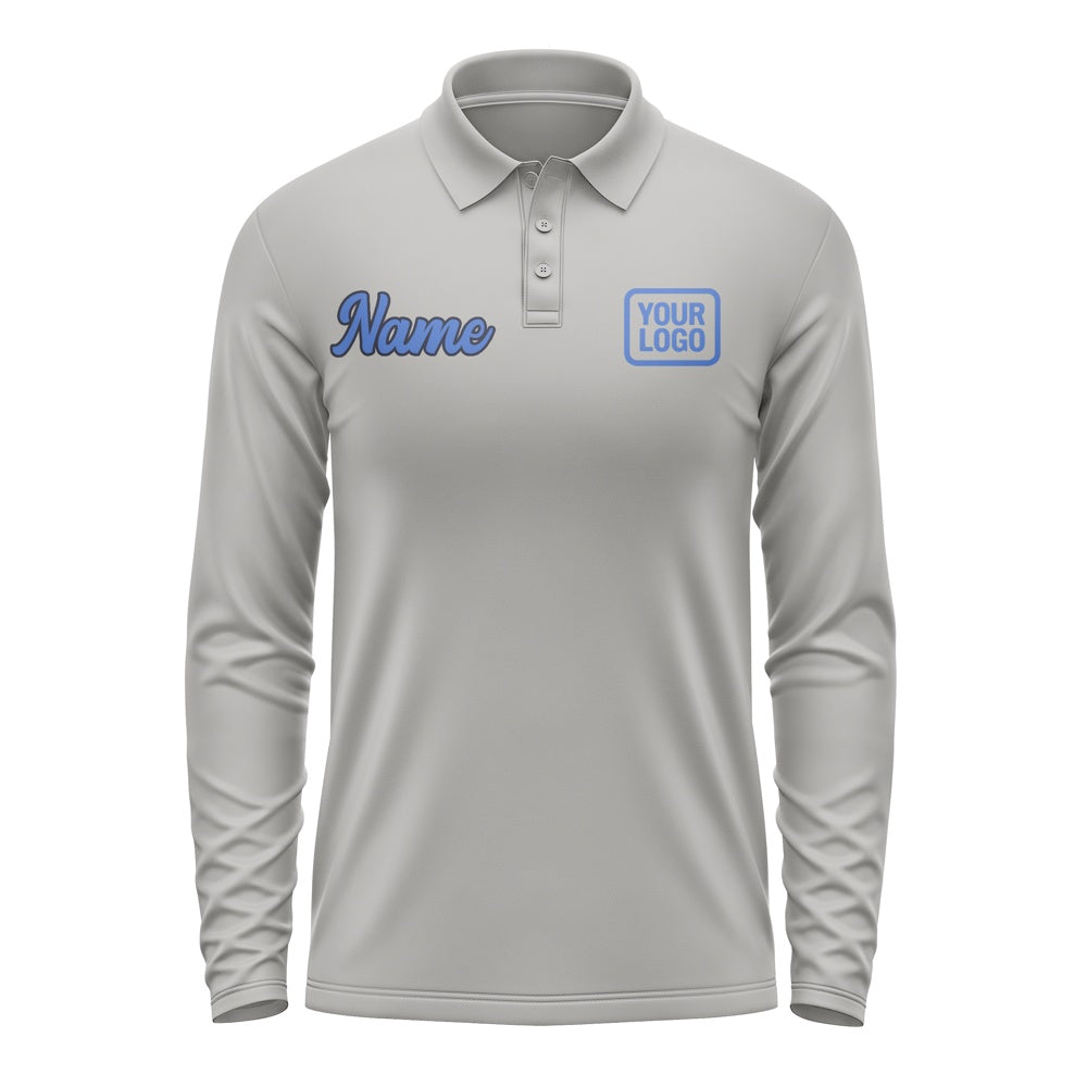 Custom Gray Sky Blue Long Sleeve Polo Shirt
