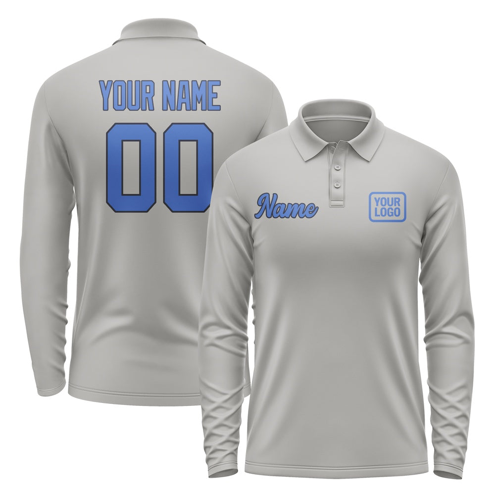 Custom Gray Sky Blue Long Sleeve Polo Shirt