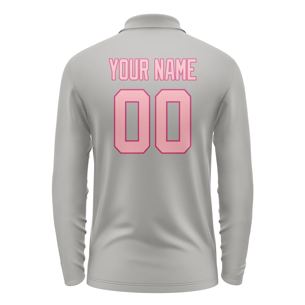 Custom Gray Light Pink Long Sleeve Polo Shirt