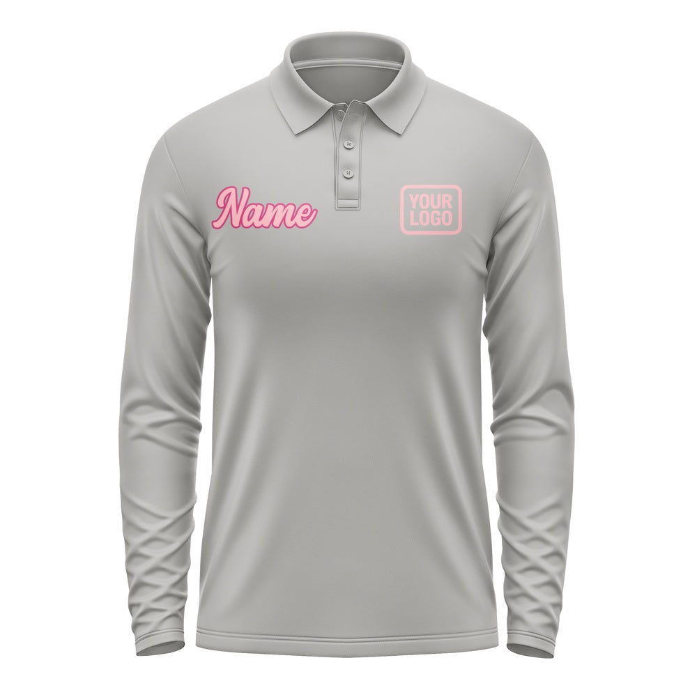 Custom Gray Light Pink Long Sleeve Polo Shirt