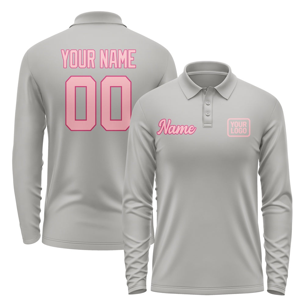 Custom Gray Light Pink Long Sleeve Polo Shirt